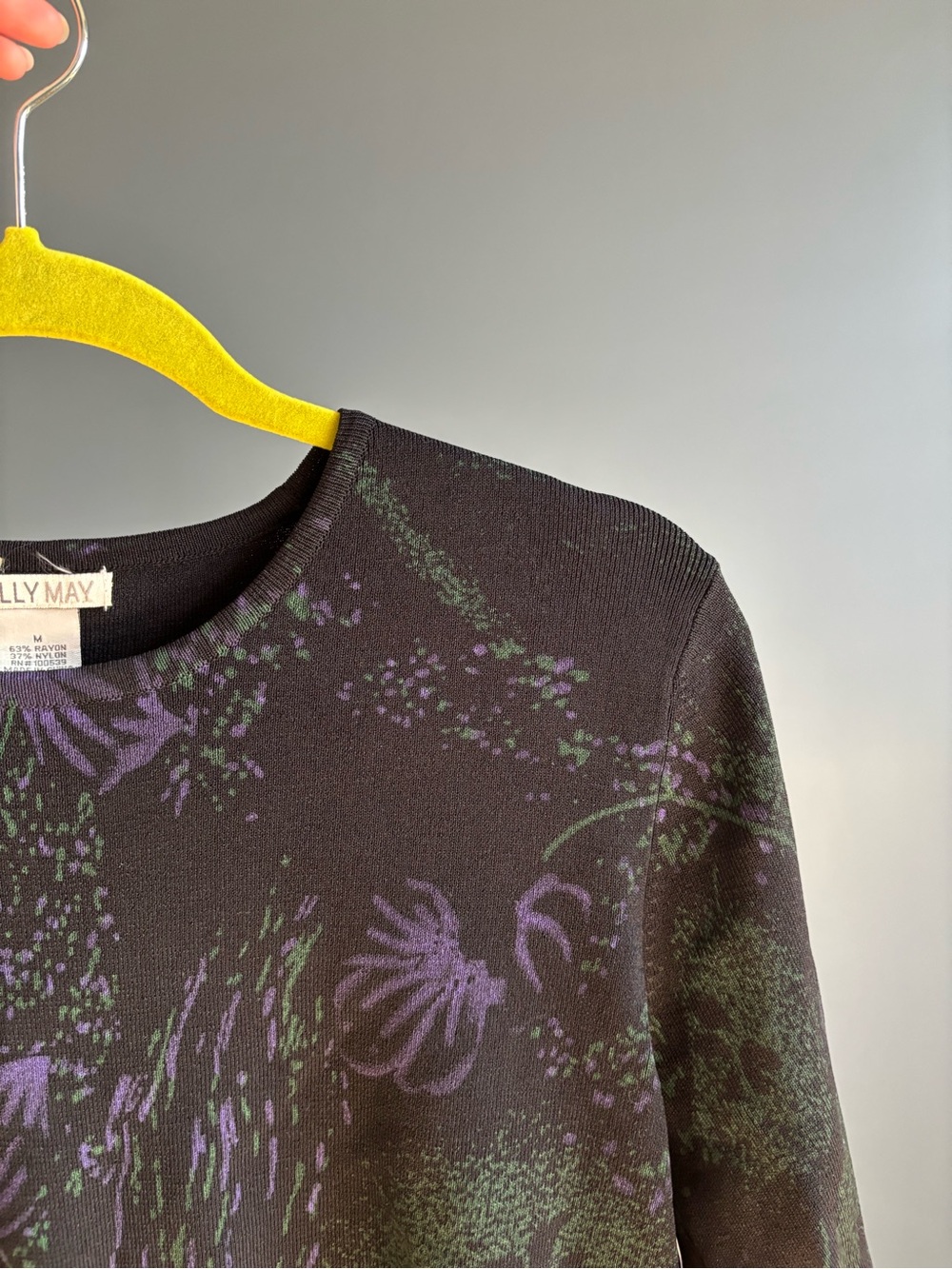 Kelly May black fine knit sweater with Purple & Green Floral Print in rayon and